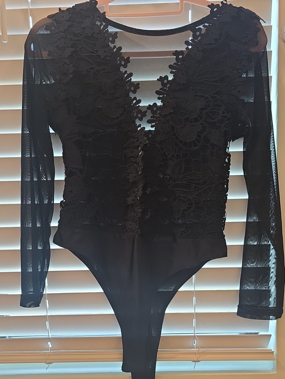 Black Lace Floral Long-Sleeve Bodysuit - Women Tops